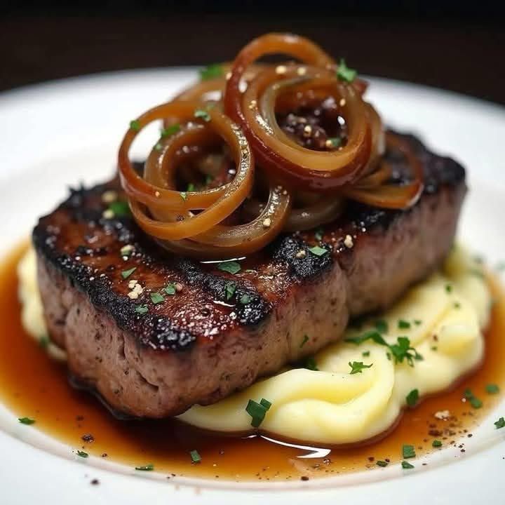 Steak aux oignons caramélisés et purée de pommes de terre aux herbes 🥩🧅